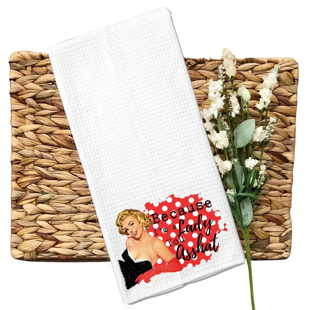 Retro Pinup Waffle Weave Kitchen Towel Because I'm a Lady You Asshat White Red